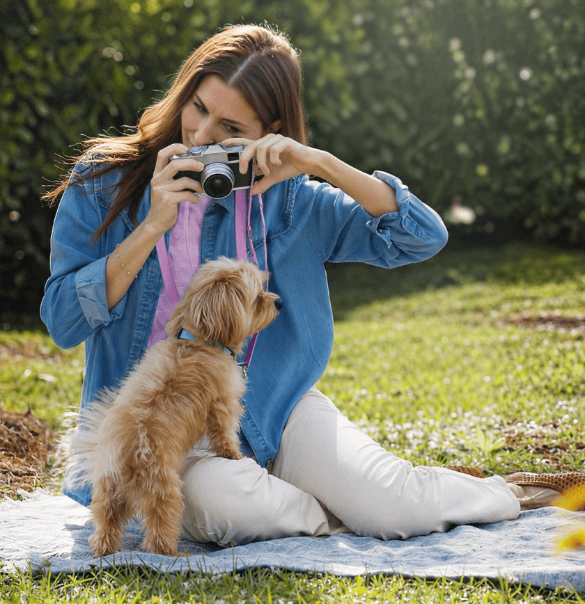 Monica sits on a blanket in a park taking a photo of her dog.