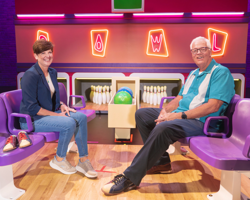 Lynn and Patrick on the bowling set
